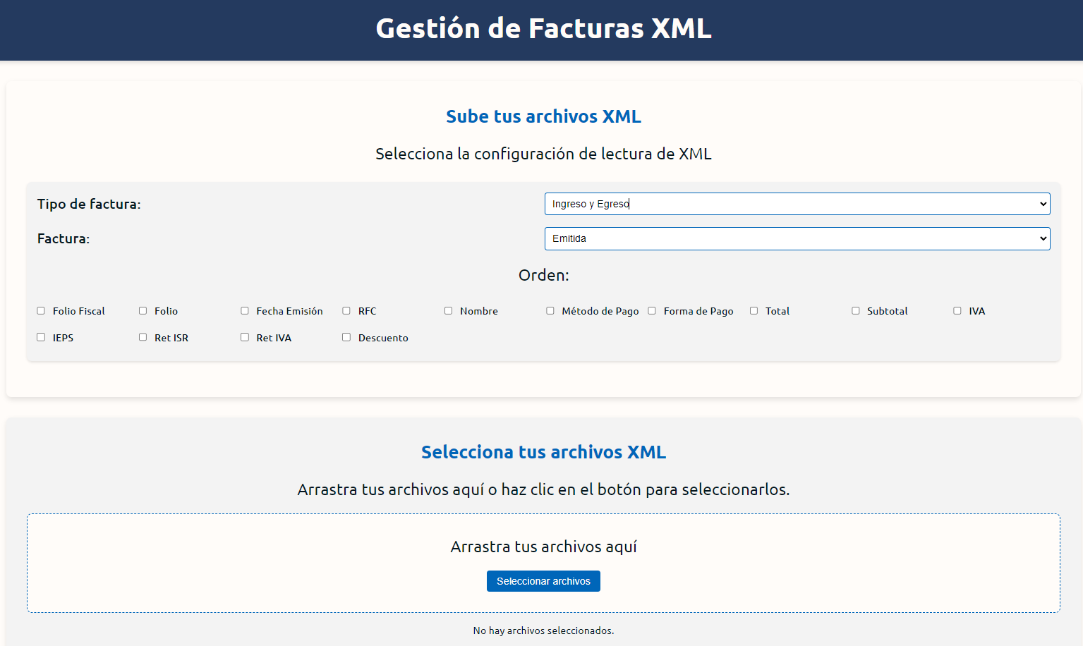 Imagen App Web: Gestión de Facturas XML. Vista del formulario de configuración de lectura XML.