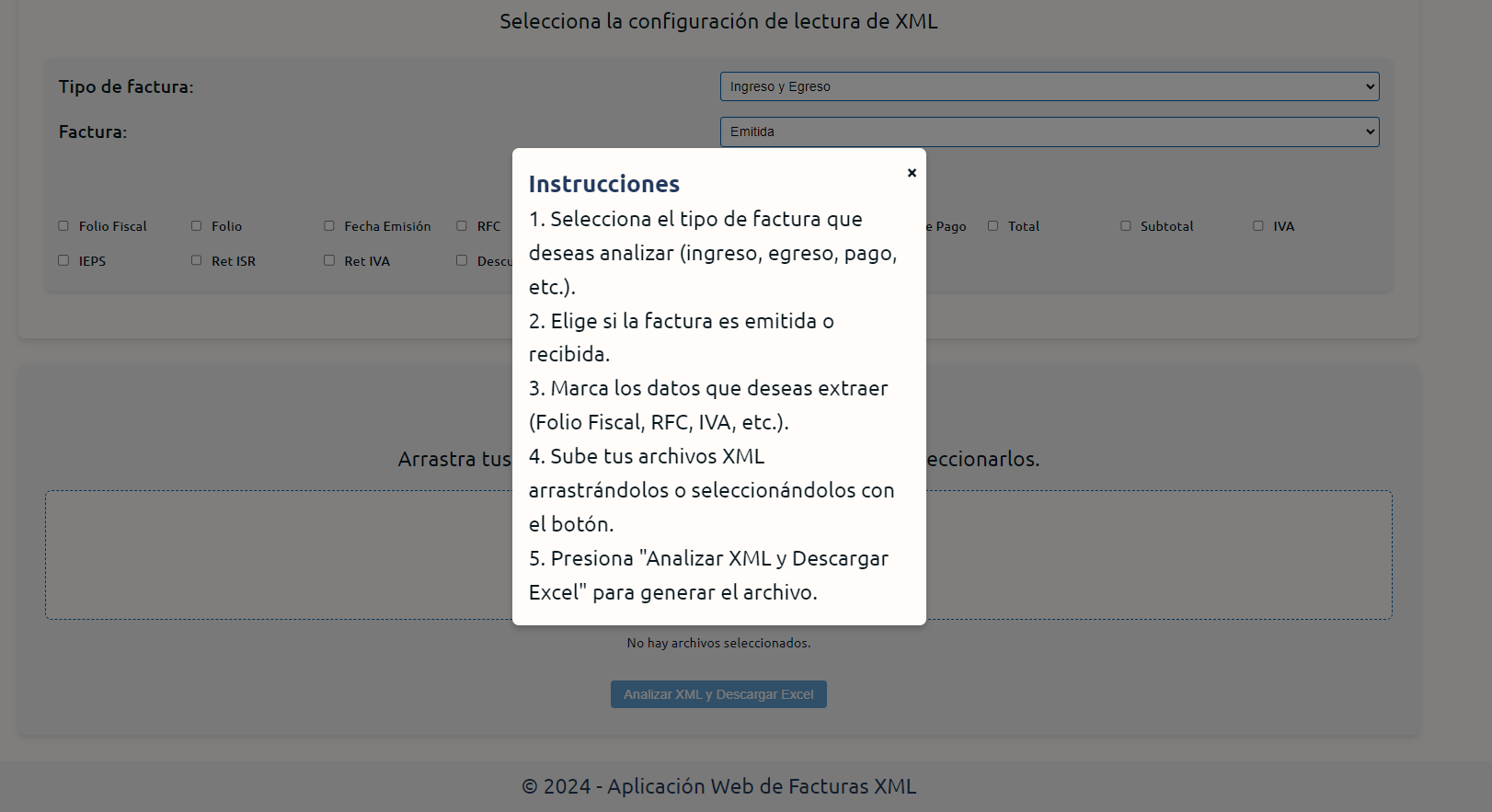 Imagen App Web: Gestión de Facturas XML. Modal de ayuda interactiva.