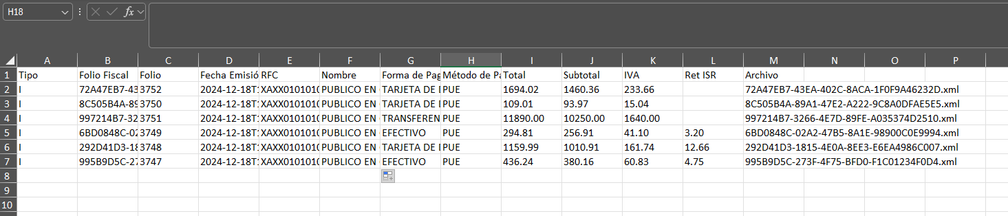 Imagen App Web: Gestión de Facturas XML. Ejemplo de listado de archivos procesados en Excel.