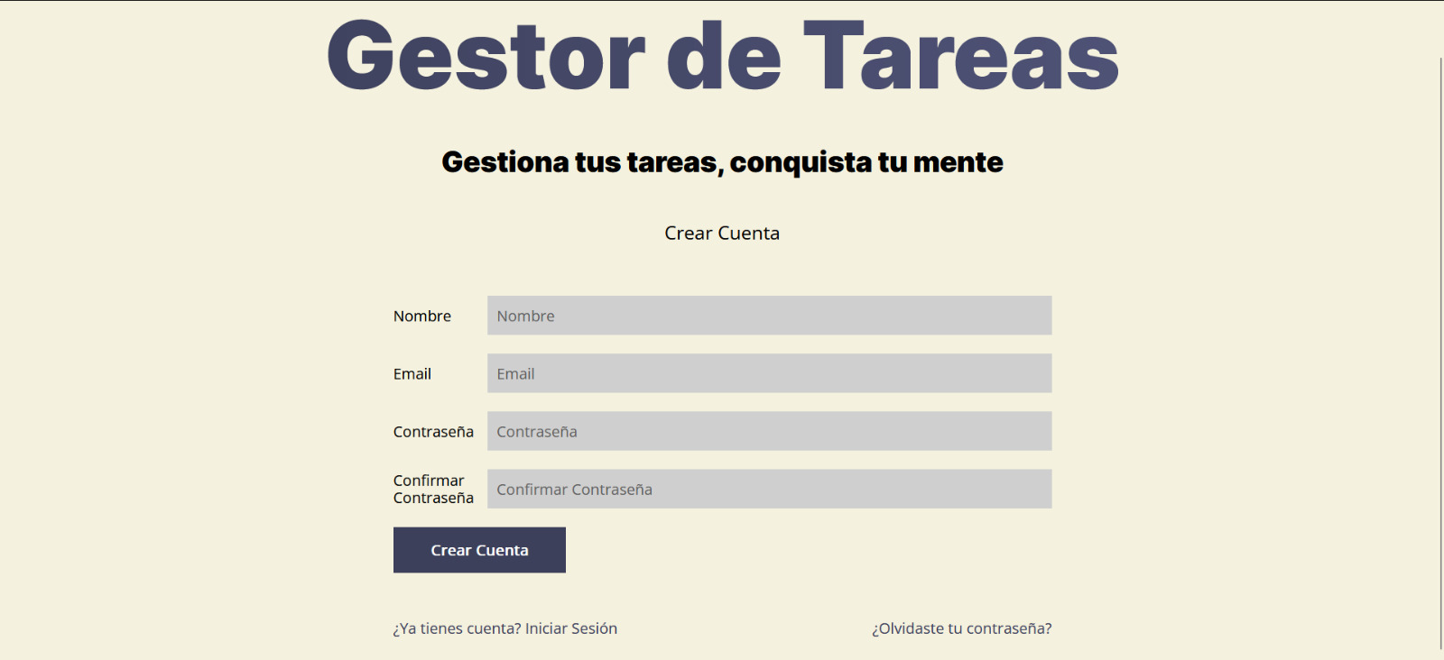 Imagen Aplicación Web: Gestor de tareas: Pantalla de crear un cuenta