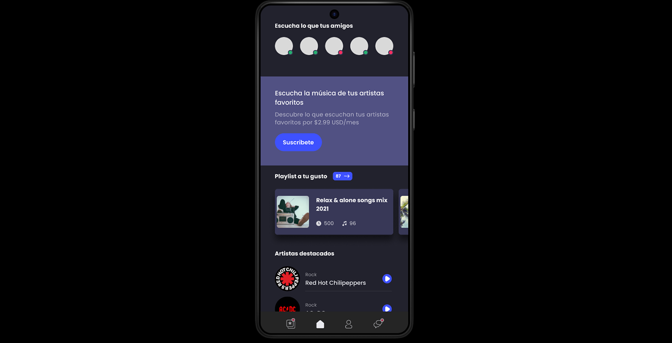 Imagen Figma: Music App. Vista desde celular de music app.