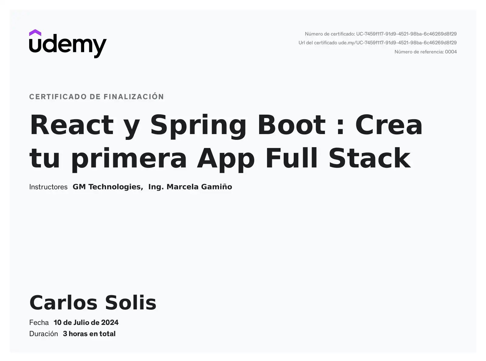  Imagen React JS y Spring Boot con Java: Certificado de curso