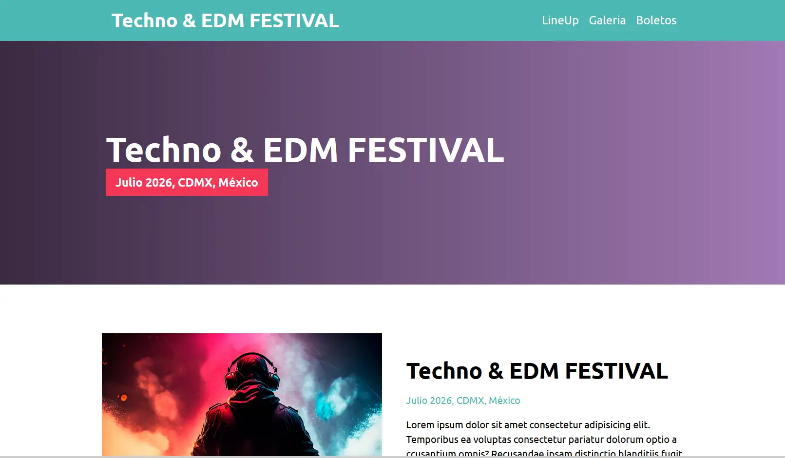 Imagen Pagina web: Festival de Música. Mostrando barra de navegacion