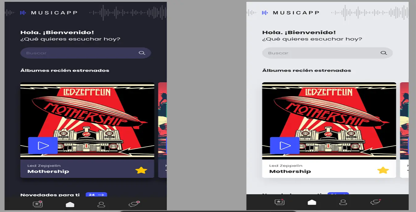 Imagen Figma: Music App. Vista del modo claro y oscuro de la interfaz.