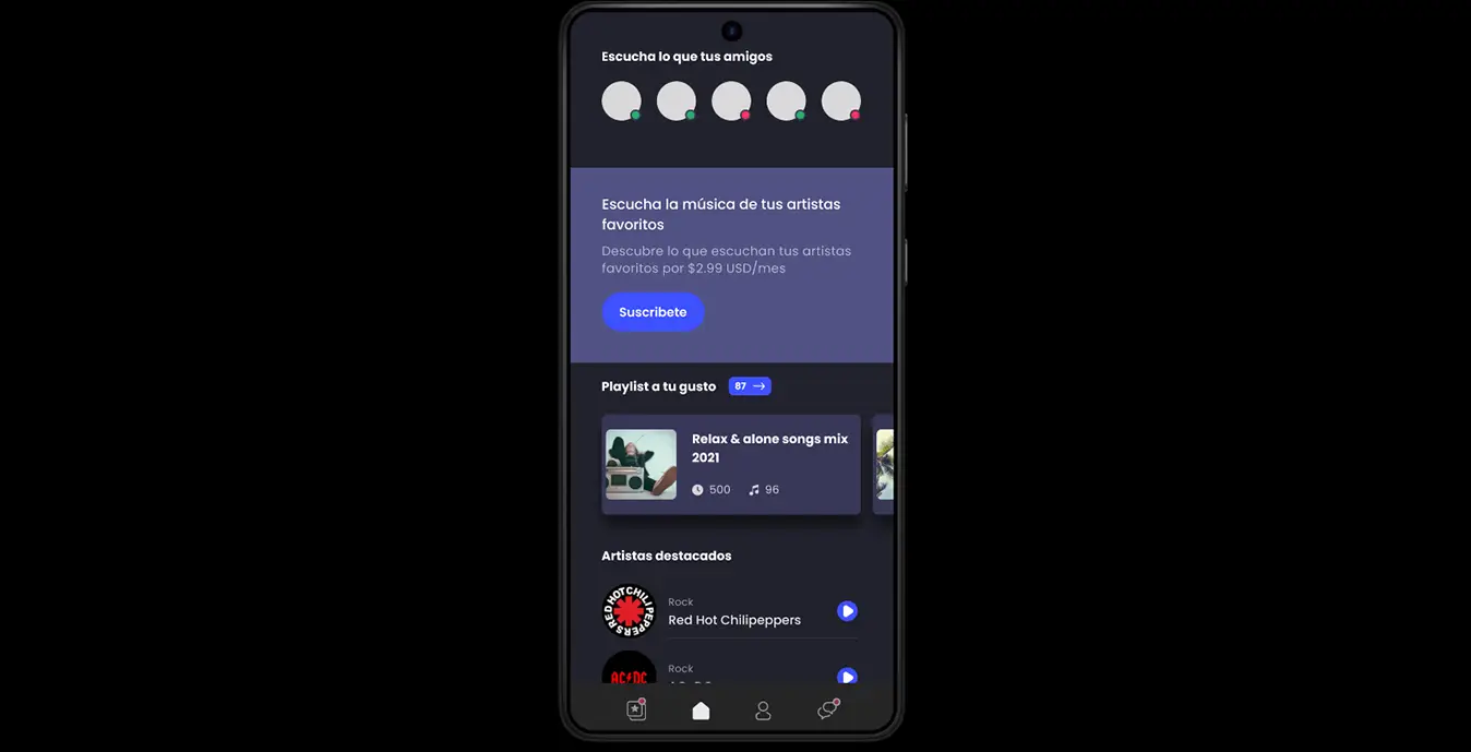 Imagen Figma: Music App. Vista desde celular de music app.