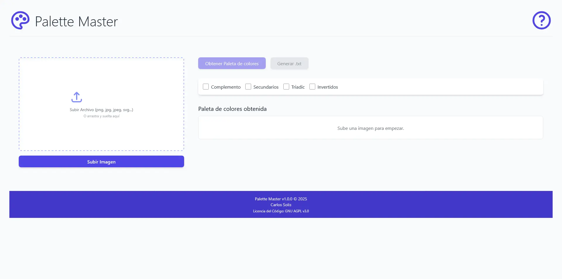 Interfaz de carga de imagen y generación de paleta