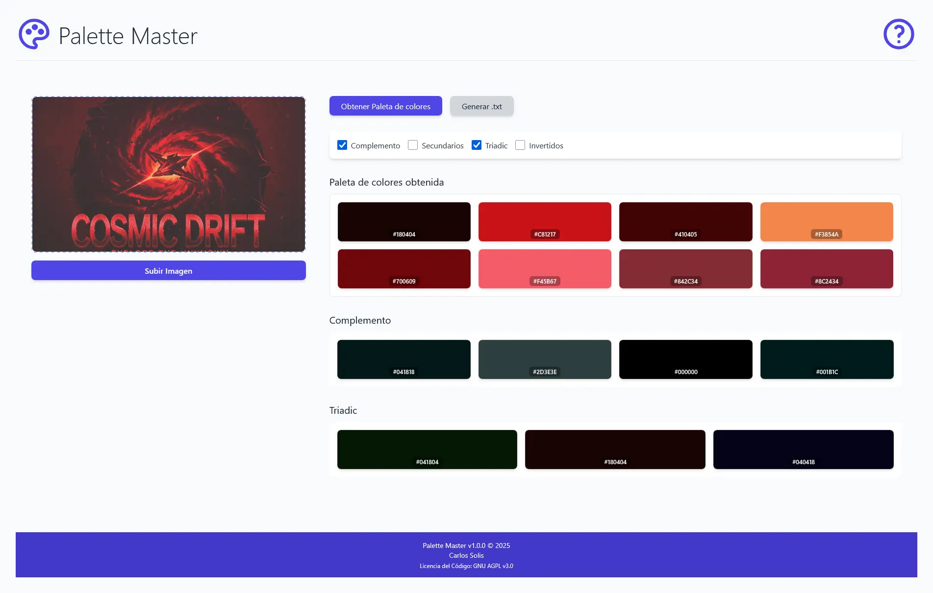 Vista de paleta extraída y opciones de exportación