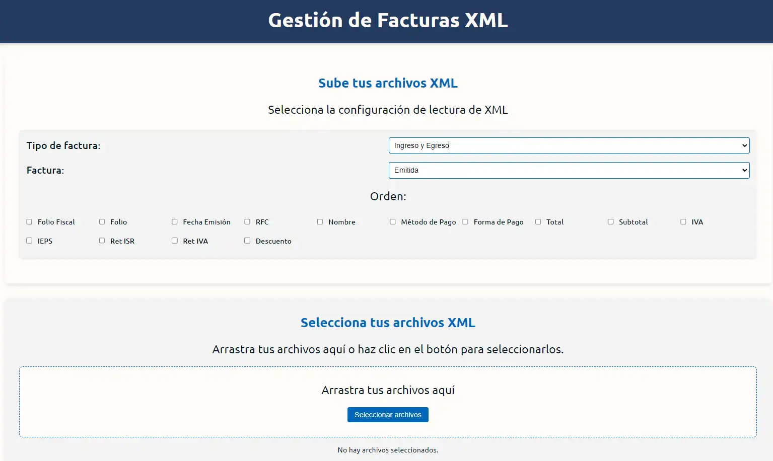Imagen App Web: Gestión de Facturas XML. Vista del formulario de configuración de lectura XML.