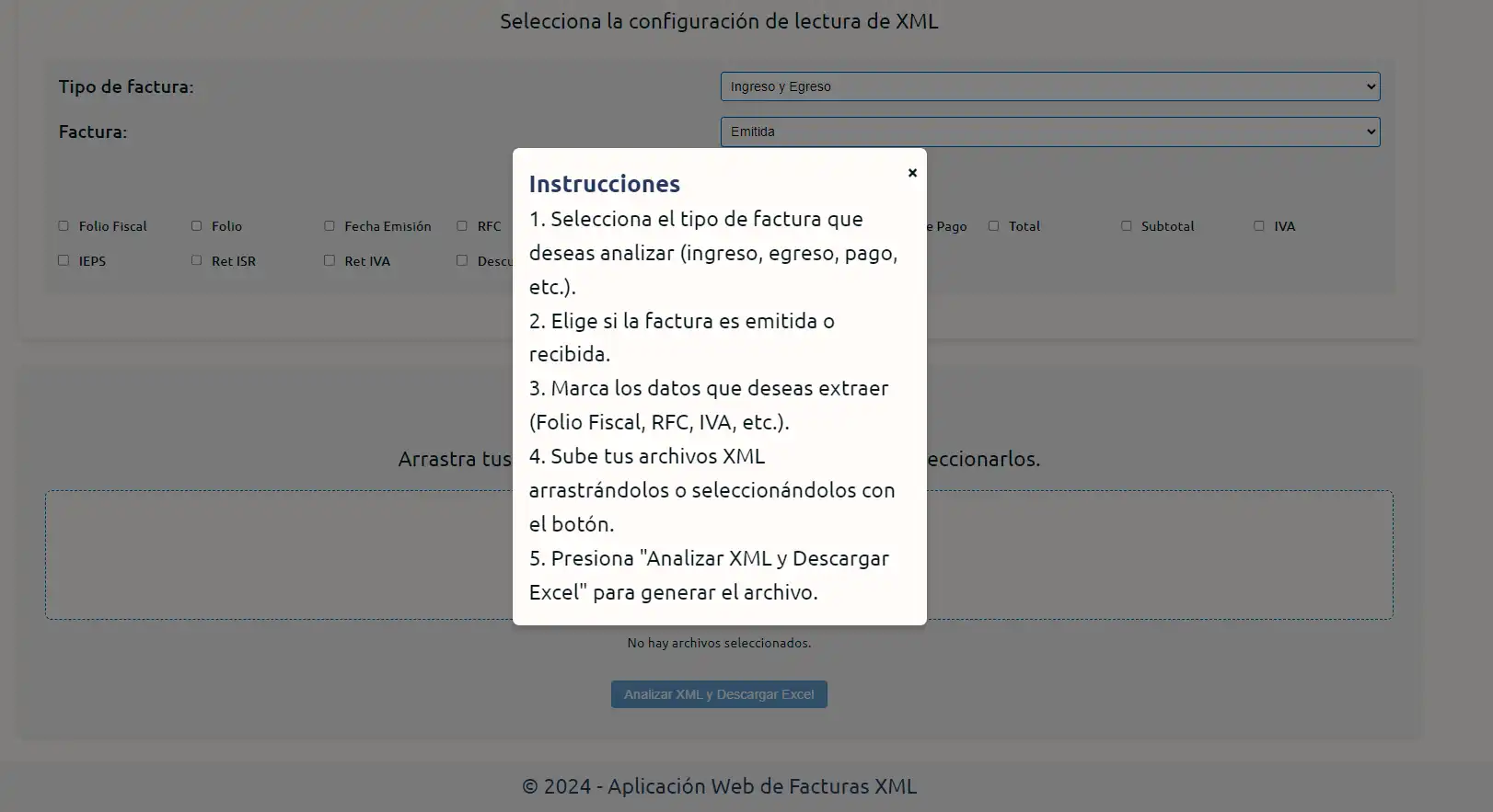 Imagen App Web: Gestión de Facturas XML. Modal de ayuda interactiva.