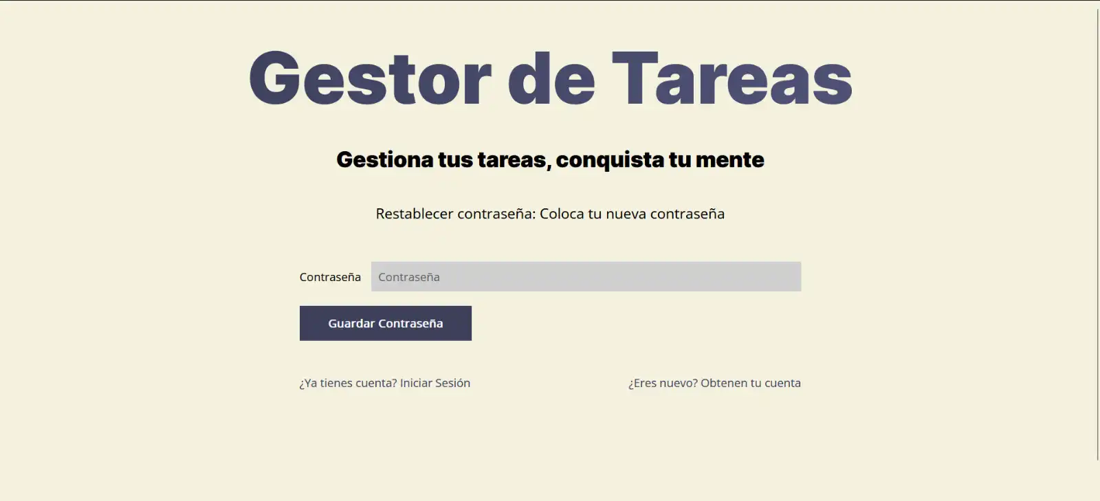 Imagen Aplicación Web: Gestor de tareas: Pantalla de restablecer contraseña