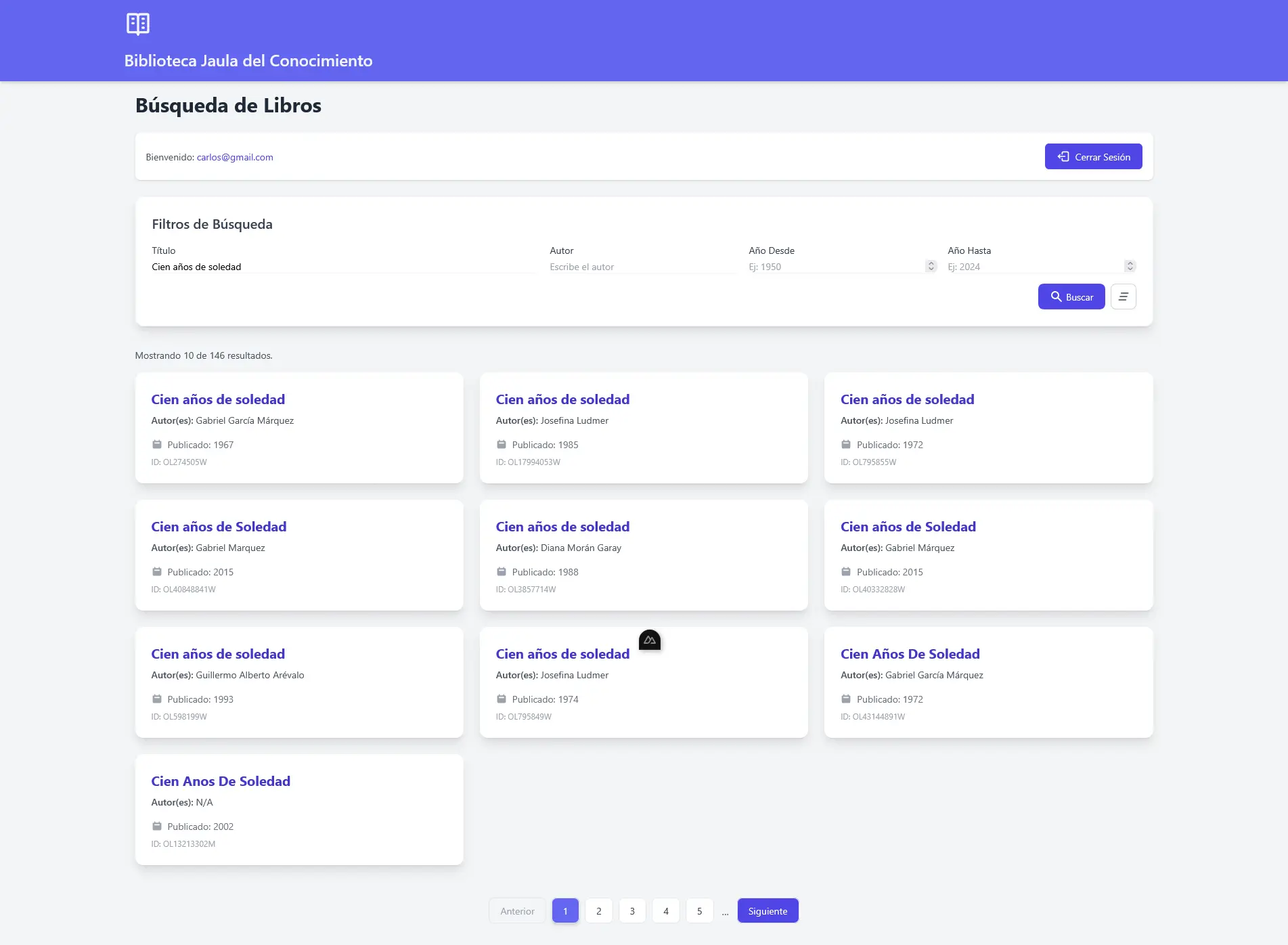 Vista de resultados y filtros aplicados