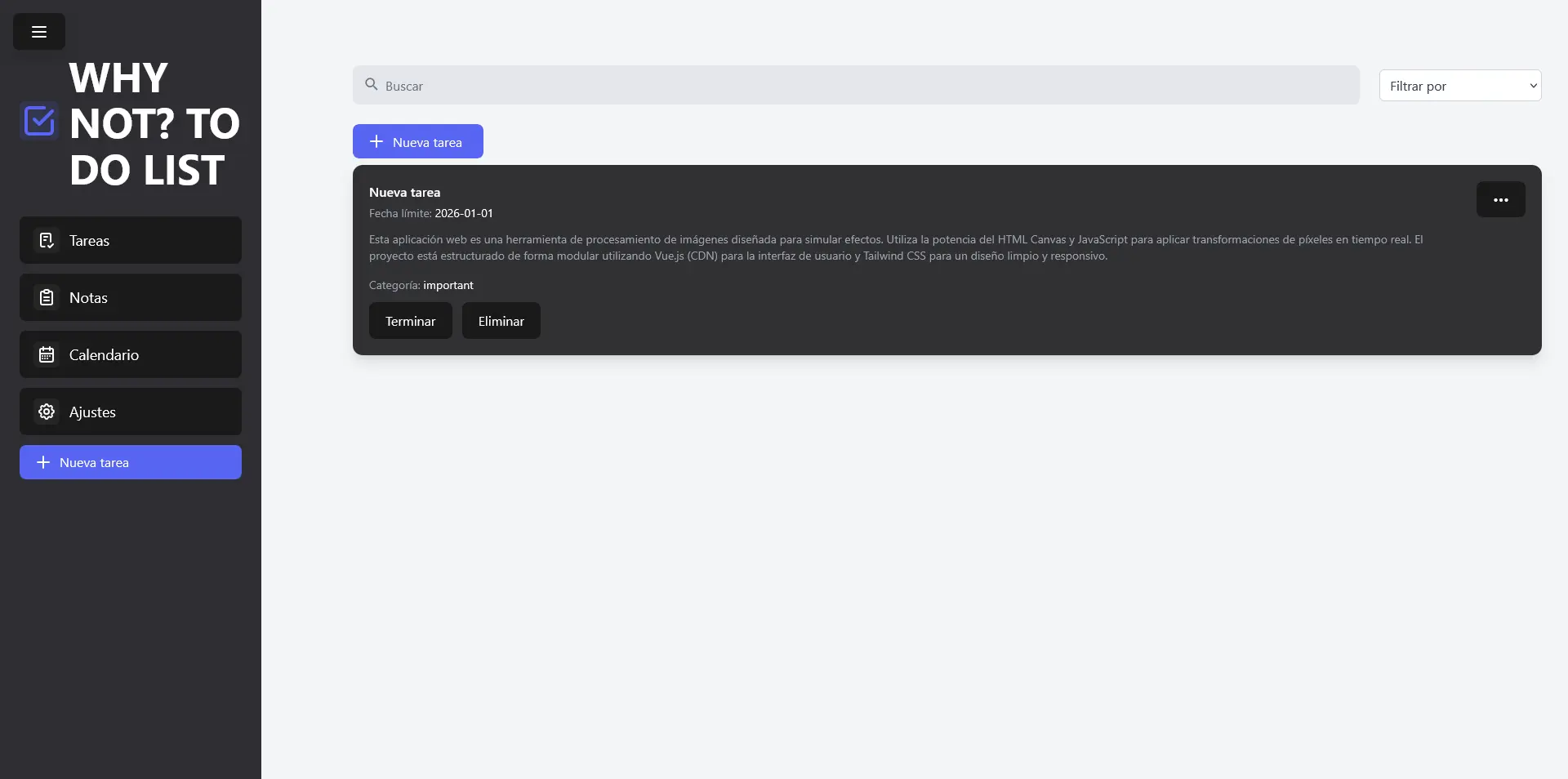 Interfaz del panel de tareas vista 2